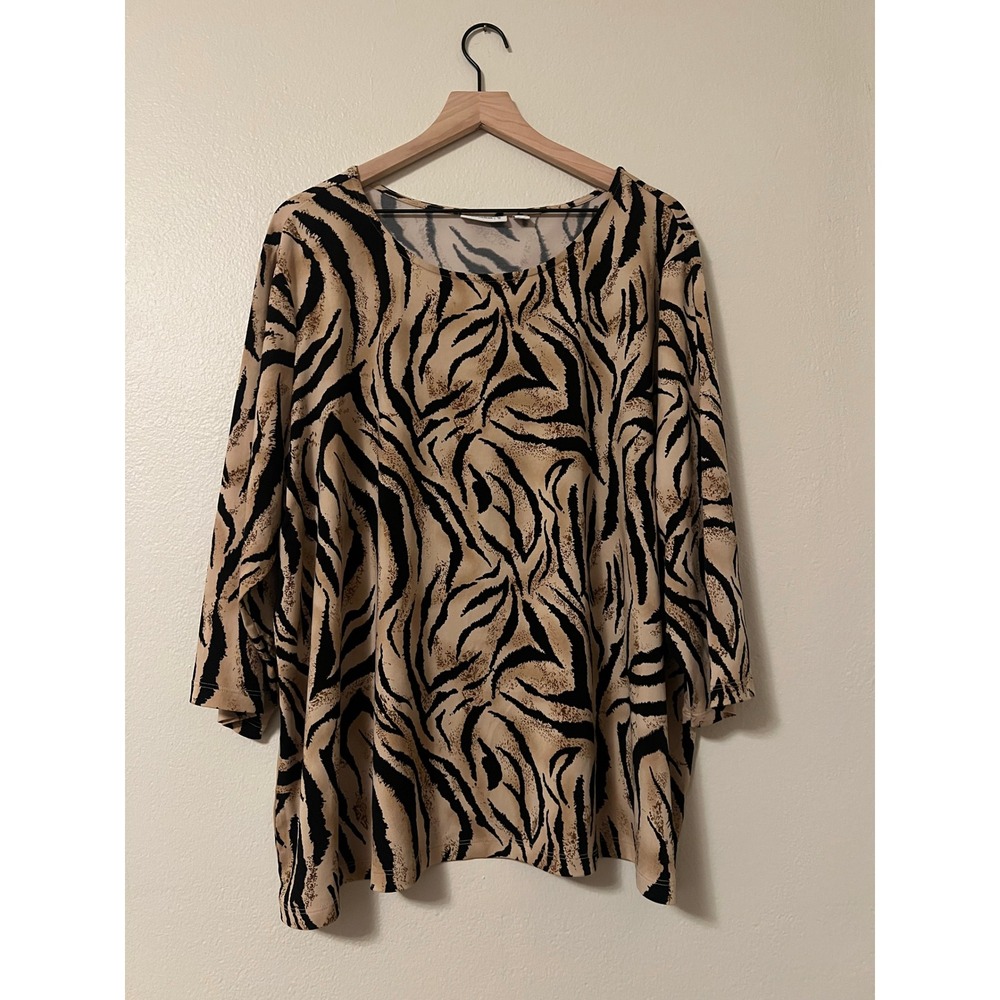 Susan Graver Liquid Knit Tiger Print Top 3/4 Sleeve Tan Black Plus Size 3X